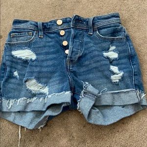 Blue Ripped High Rise Mom Jean Shorts